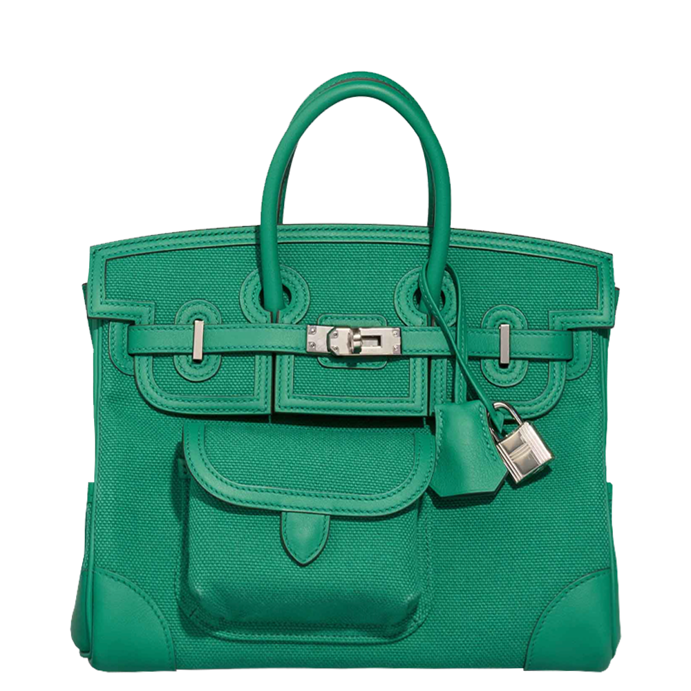 Birkin 25 Cargo Toile Geoland / Swift Vert Vertigo Palladium Hardware Stamp W 2024
