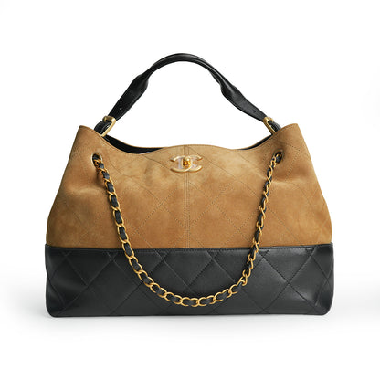 Chanel 25A Suede and Shiny Lambskin Beige and Black