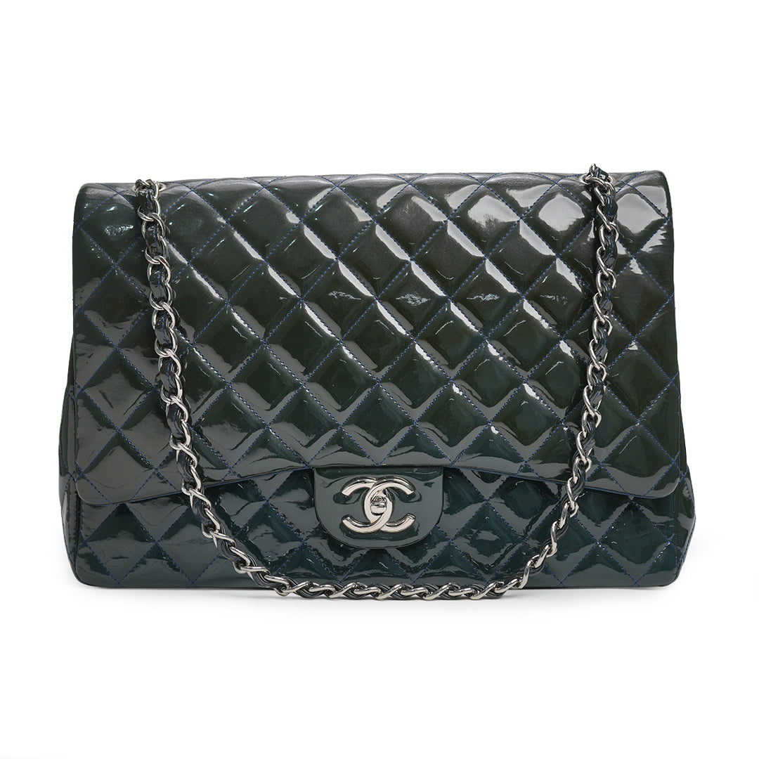 Maxi Classic Double Flap Bag Dark Blue Quilted Patent Leather