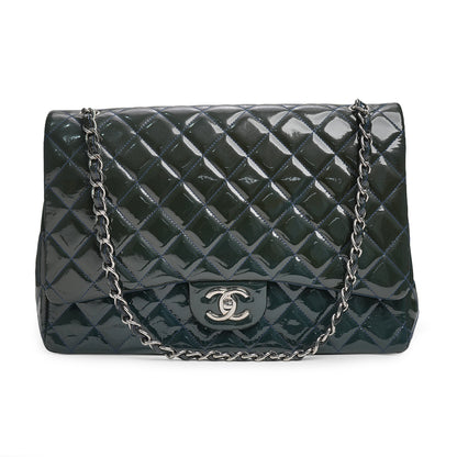 Maxi Classic Double Flap Bag Dark Blue Quilted Patent Leather