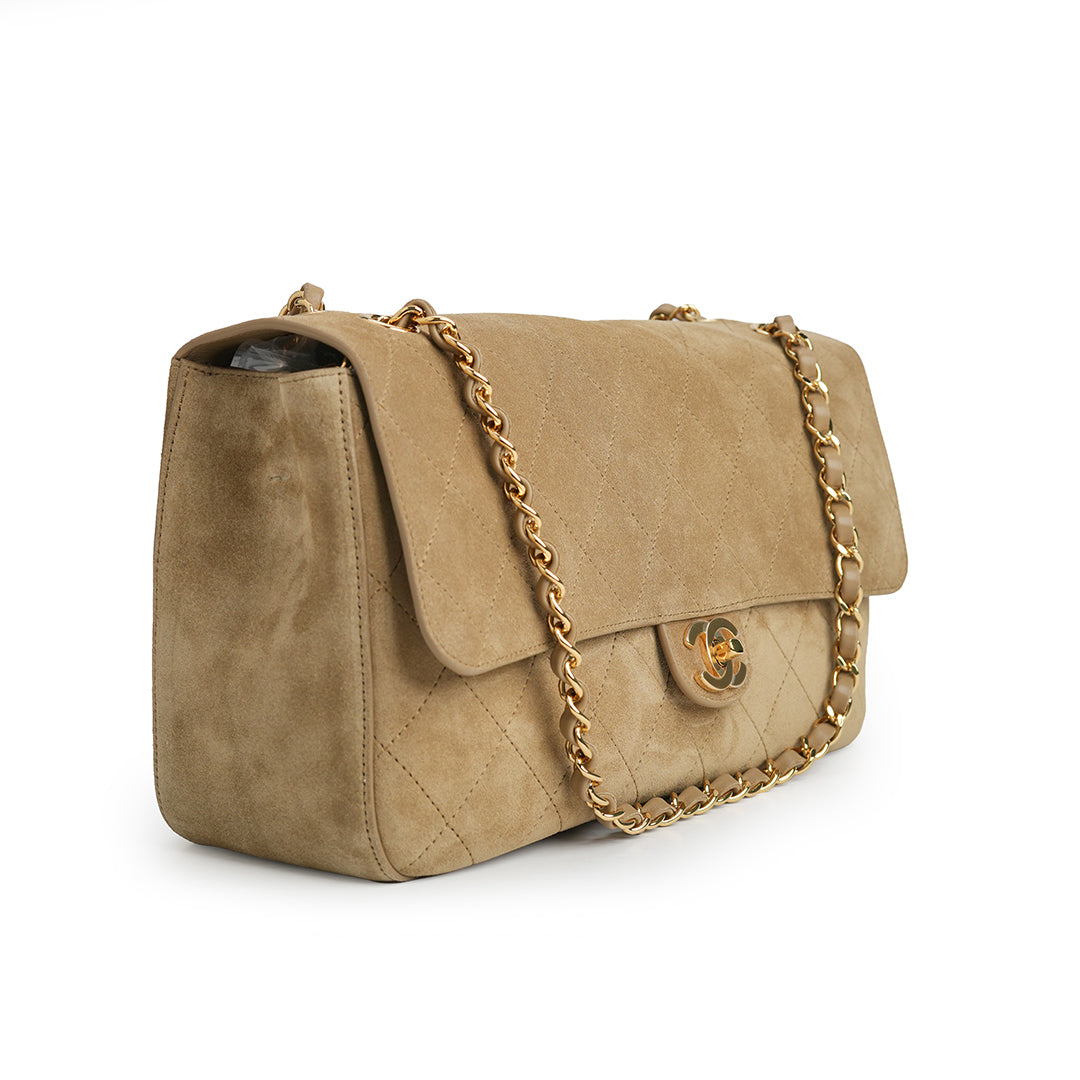 Maxi Flap Bag Suede Calfskin 
Dark Beige