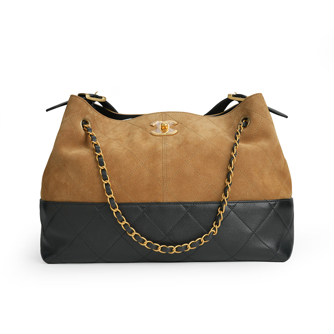 Chanel 25A Suede and Shiny Lambskin Beige and Black