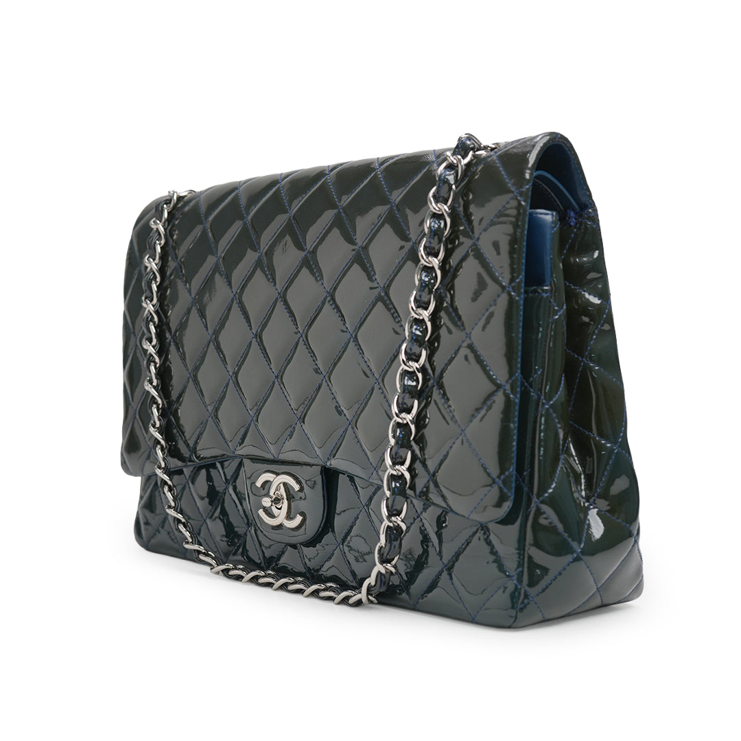 Maxi Classic Double Flap Bag Dark Blue Quilted Patent Leather