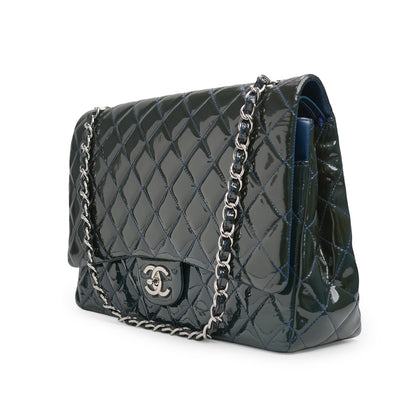 Maxi Classic Double Flap Bag Dark Blue Quilted Patent Leather