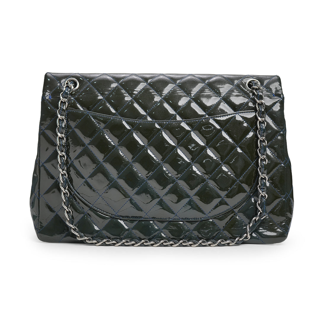 Maxi Classic Double Flap Bag Dark Blue Quilted Patent Leather