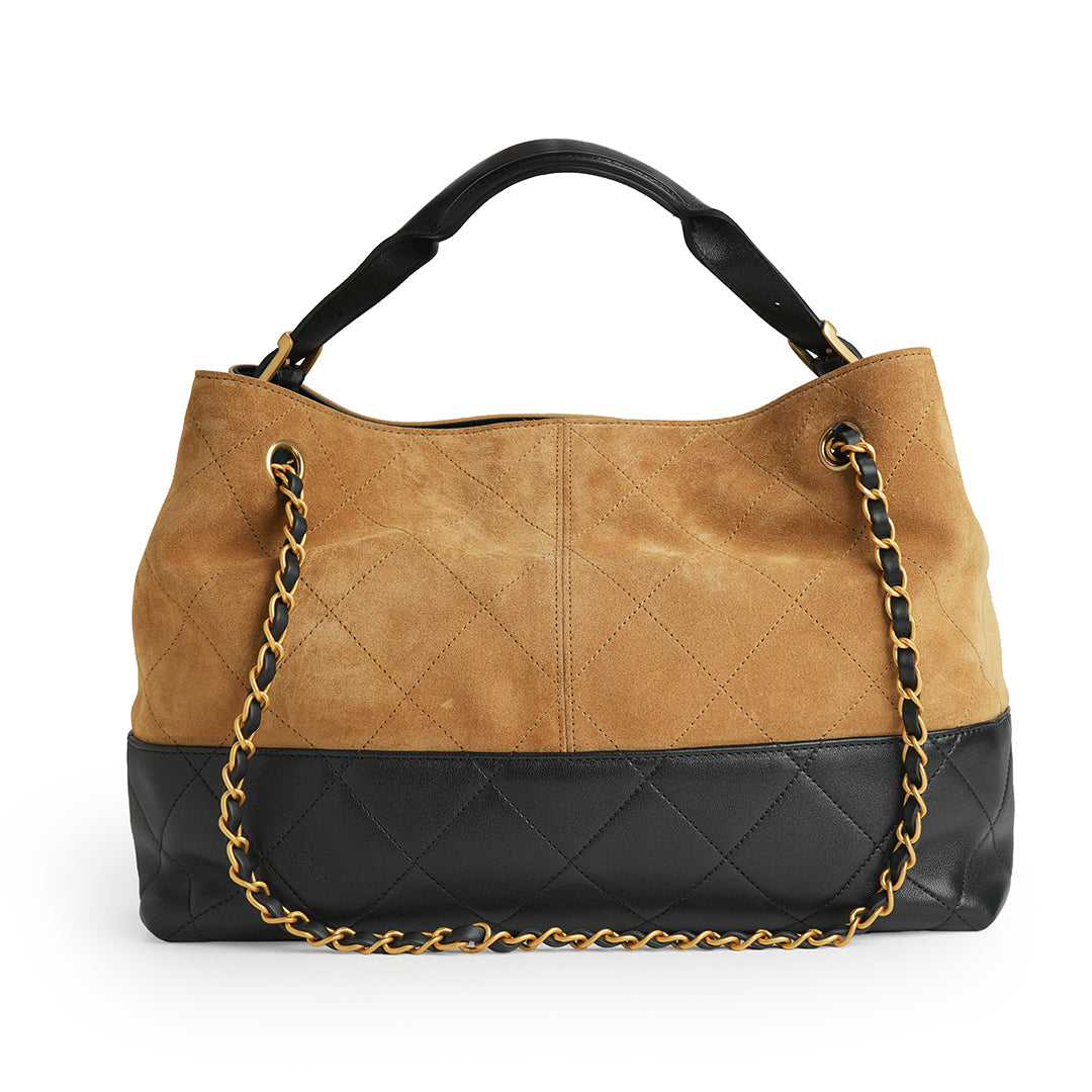 Chanel 25A Suede and Shiny Lambskin Beige and Black