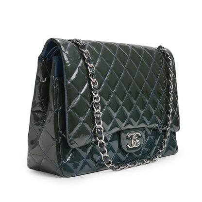 Maxi Classic Double Flap Bag Dark Blue Quilted Patent Leather