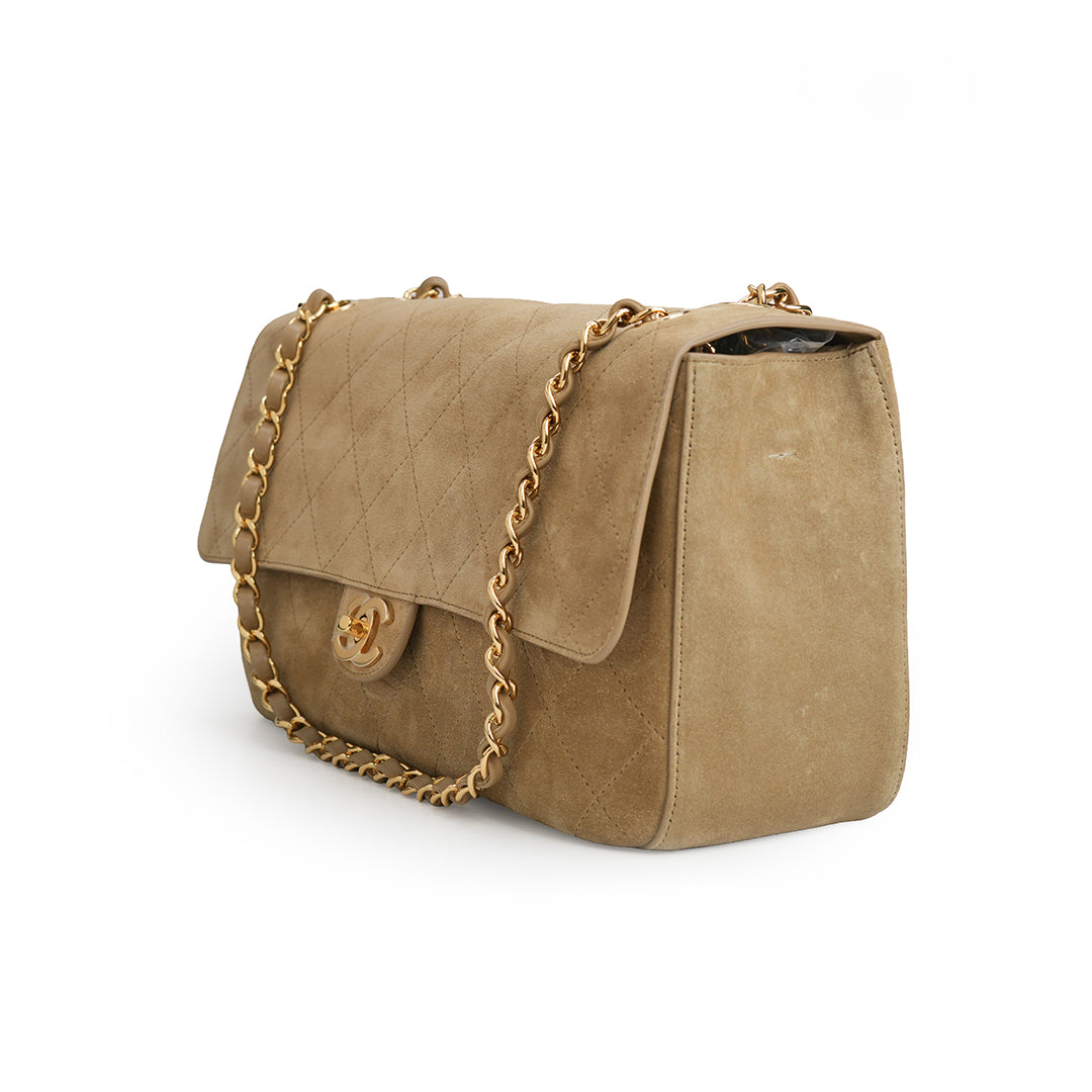 Maxi Flap Bag Suede Calfskin 
Dark Beige