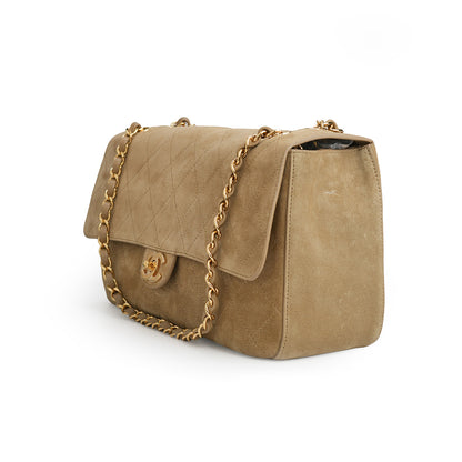 Maxi Flap Bag Suede Calfskin 
Dark Beige