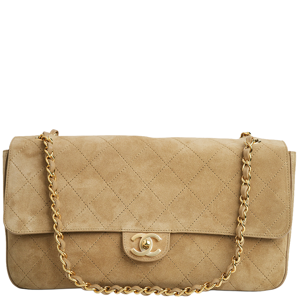 Maxi Flap Bag Suede Calfskin 
Dark Beige