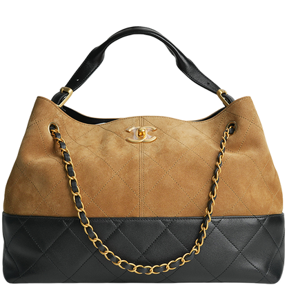 Chanel 25A Suede and Shiny Lambskin Beige and Black