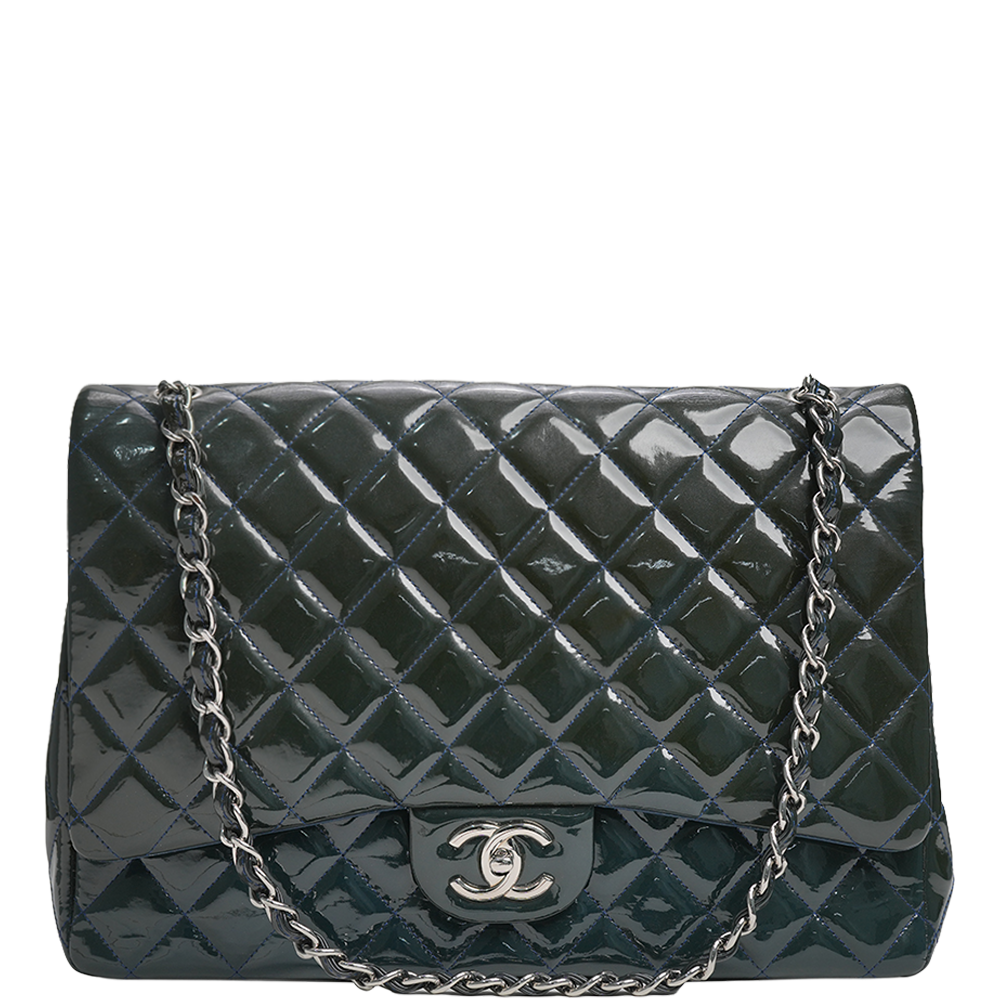 Maxi Classic Double Flap Bag Dark Blue Quilted Patent Leather