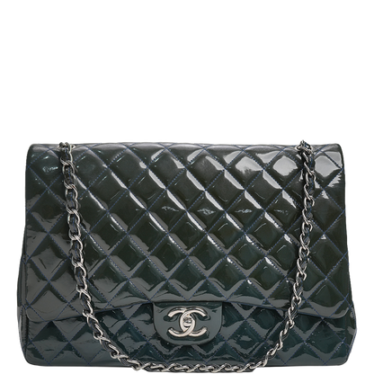 Maxi Classic Double Flap Bag Dark Blue Quilted Patent Leather