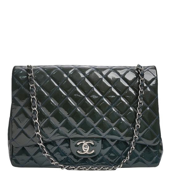 Maxi Classic Double Flap Bag Dark Blue Quilted Patent Leather